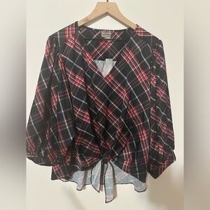 Chico's Plaid Blouson Short Sleeves Top SZ 3 Tie Front 3/4 Sleeves Black